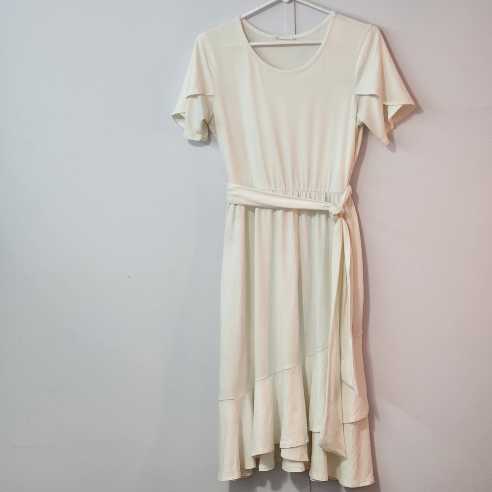 Simple midi summer dress, white, size small, tie waist, tulip sleeve, ruffle.